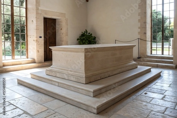 Fototapeta A grand stone sarcophagus rests on a multi tiered platform inside a sunlit chamber with large windows revealing lush green trees and a wooden door