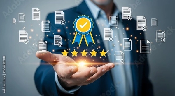 Obraz Businessman Hand Holding Digital Award Five Stars Documents Approved Checkmarks Blue Yellow image