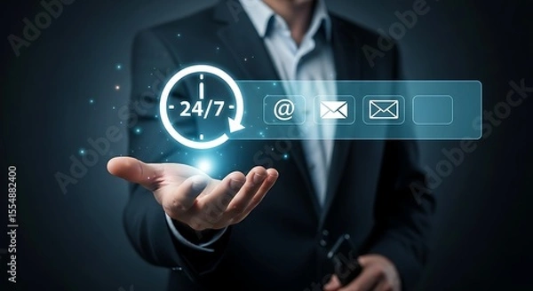 Obraz Businessman Hand Holding Holographic 247 Support Clock Email Icons Dark Background 24 hour service customer service
