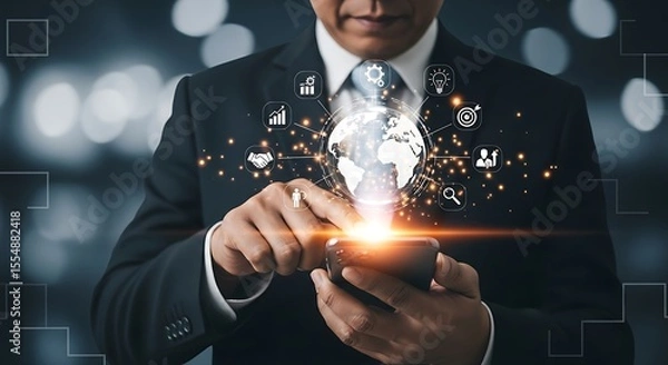 Obraz Businessman Using Smartphone Global Network Connections Data Analytics Icons Orange Glow Dark Background