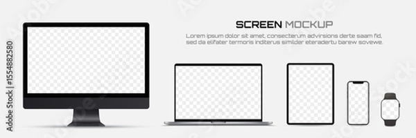 Obraz Computer monitor, laptop, tablet, smartphone and smart watch with blank screen. Mockup of screen device