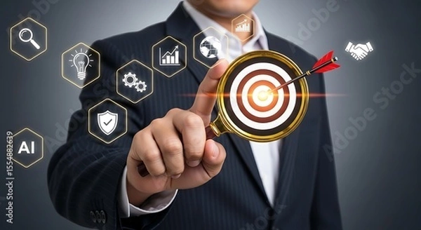 Obraz Businessperson Hand Holding Magnifying Glass Showing Target Arrow Success Goal Achievement A I Technology Icons