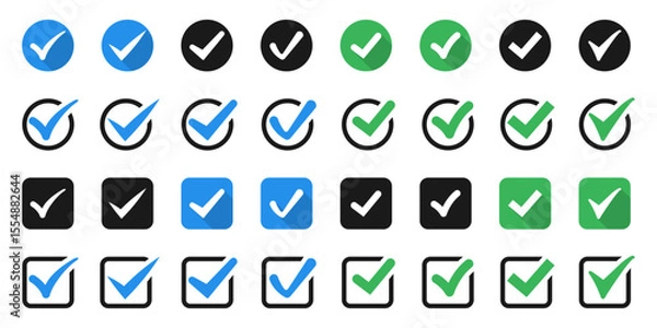 Obraz Check mark icons collection. Set of green, blue and black tick icons. Checkmark symbol