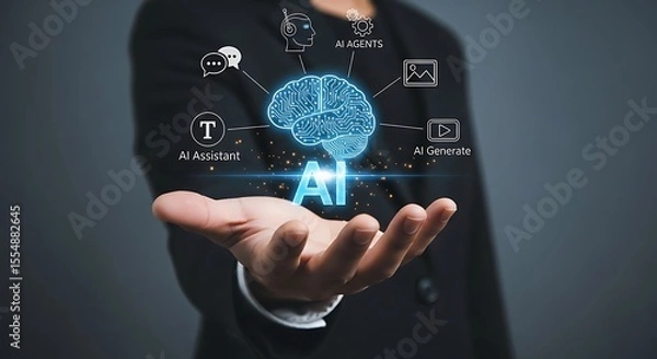Obraz Businessperson Hand Holding Holographic A I Brain Circuit Board Digital Assistant Agents Generate Text Image Video