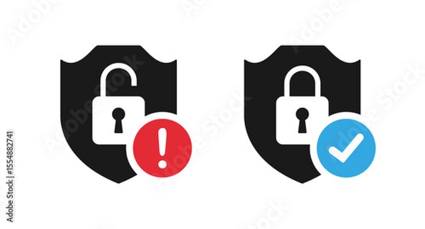 Obraz Closed and open protection system. Shield with closed and open lock sign. Security guard symbol collection