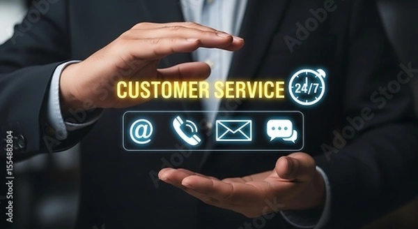 Obraz Businessperson Hands Presenting Customer Service Concept 247 Support Email Phone Chat Icons Yellow Text Dark Suit