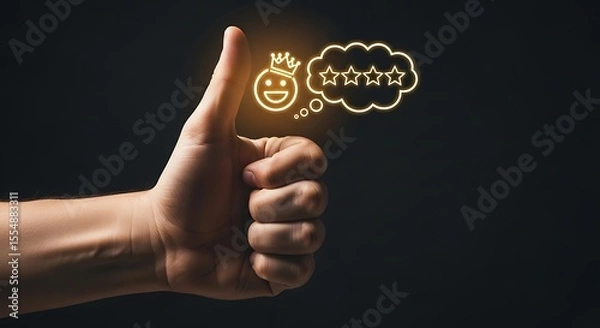 Obraz Hand Gesturing Thumbs Up with Golden Smiley Face Crown and Five Star Rating in Thought Bubble Dark Background