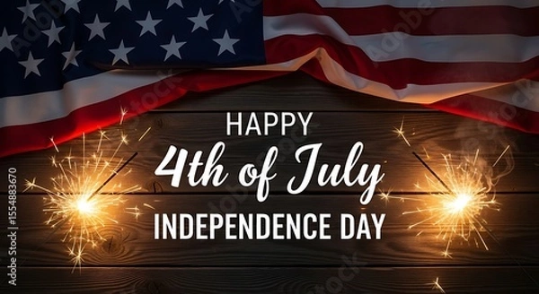 Obraz Happy 4th of July Independence Day American Flag Sparklers Wooden Background Red White Blue Festive Celebration