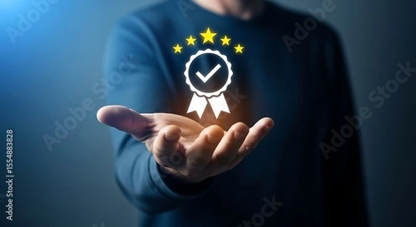 Obraz Man Holding Holographic Five Star Award Seal Checkmark Ribbon Badge in Open Palm Dark Blue Background