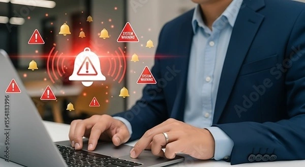 Obraz Man in Blue Suit Uses Laptop System Warning Red Gold Bells Alert Notification person businessman