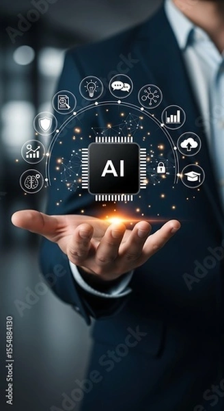 Obraz Man in Dark Suit Presenting A I Microchip Hologram with Data Icons Network artificial intelligence