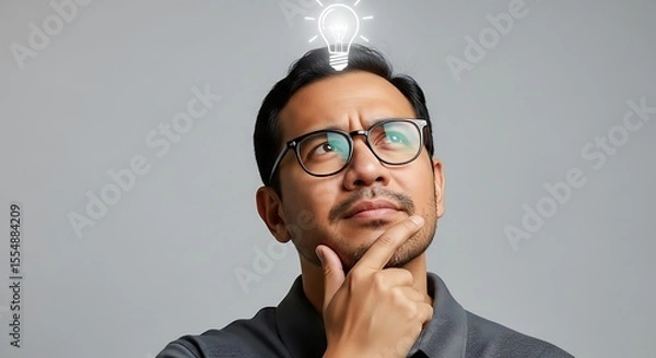 Obraz Man in Glasses Contemplating Idea Lightbulb Above Head Gray Background Thoughtful Expression thinking