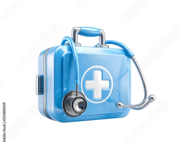 Fototapeta 3D icon of a first aid kit with a stethoscope on a transparent background, cross in a blue case, a medical equipment concept.