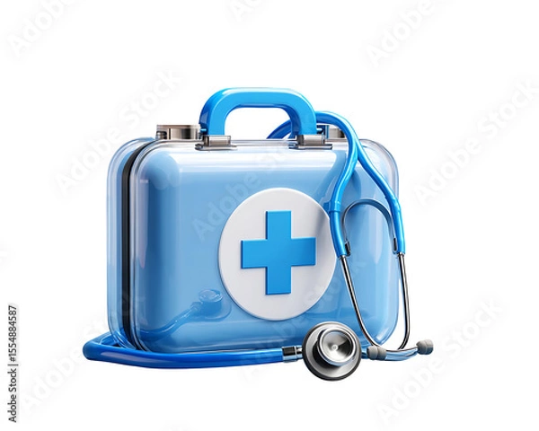 Fototapeta 3D icon of a first aid kit with a stethoscope on a transparent background, cross in a blue case, a medical equipment concept.