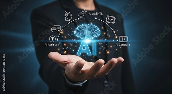 Obraz Person in dark suit holding glowing A I concept digital brain A I agents A I assistant A I generate technology