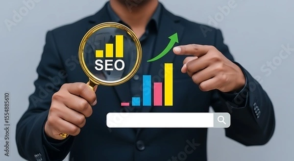 Obraz Person in dark suit holding magnifying glass showing S E O bar graph upward trending search bar chart