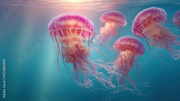 Obraz Pink Jellyfish Underwater Ballet: A mesmerizing school of pink jellyfish gracefully glides through the crystal-clear ocean waters, illuminated by a sunbeam piercing the surface.