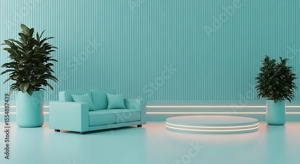Obraz Teal Room Interior Design Minimalist Sofa Two Plants Round Pedestal Light Base aqua light blue