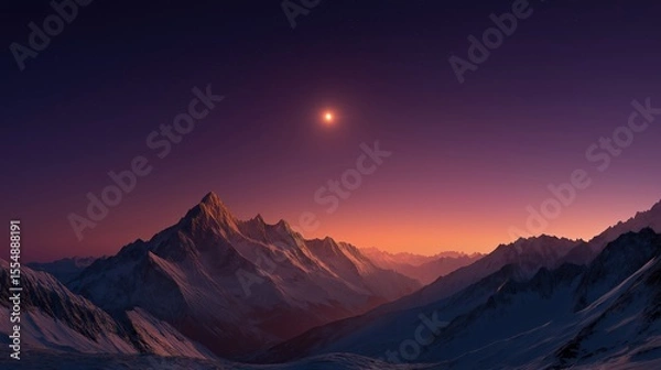 Obraz Twilight Peaks: An awe-inspiring view of majestic, snow-covered mountains under a twilight sky, with the first light of dawn or dusk, highlighting the raw beauty of the natural landscape.