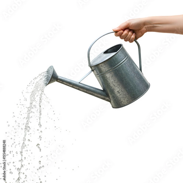 Obraz Hand Pouring Sparkling Clear Water from Classic Galvanized Metal Watering Can – Essential for Healthy Plants, Isolated on White or Transparent Background