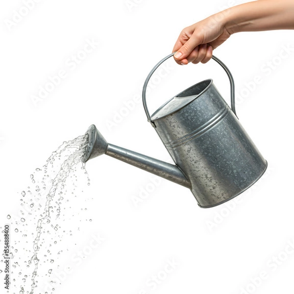 Obraz Hand Pouring Sparkling Clear Water from Classic Galvanized Metal Watering Can – Essential for Healthy Plants, Isolated on White or Transparent Background