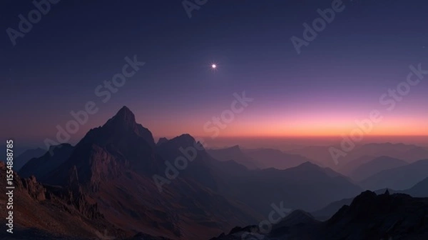 Obraz Majestic Mountain Vista at Dusk: The last rays of sun paint the sky with hues of violet and orange, casting a serene glow over a breathtaking mountain landscape.