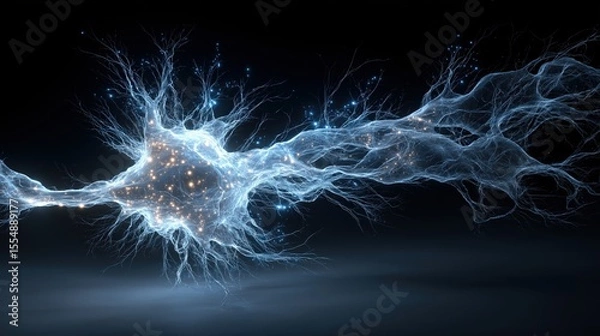 Obraz Neuronal Marvel: A stunning macro shot of a single neuron, highlighting its intricate structure and the complex, electric processes vital to the body's most important system.