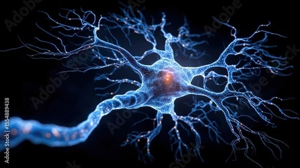 Obraz Neuron Network: A detailed microscopic view of a neuron, showcasing its intricate network of dendrites and axons, emitting a soft blue glow against a dark background.