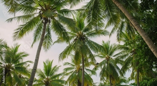 Obraz Looking Up at Tall Palm Trees with Green Fronds and Cloudy Sky