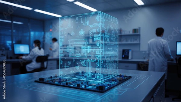 Fototapeta Innovation Unveiled: A striking composition showcasing a technological marvel, a holographic cube hovering over a laboratory workstation.