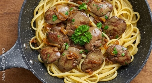 Obraz Cooking Chicken Livers with Pasta and Onion in Pan Top View