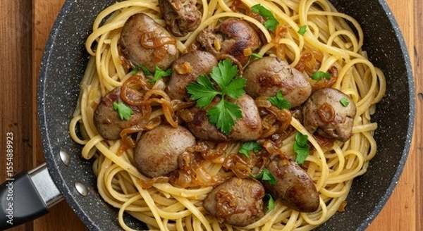 Obraz Cooking Pasta with Liver and Onion in a Frying Pan
