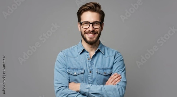 Obraz Smiling Man with Glasses Posing with Arms Crossed on Grey Background