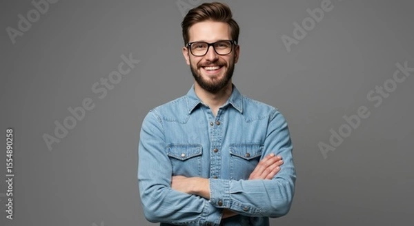 Obraz Smiling Man Portrait with Arms Crossed Wearing Glasses and Denim Shirt