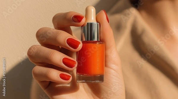 Obraz Radiant Red Nail Polish: A hand delicately holds a vibrant red nail polish bottle, showcasing the product's color and elegant design against a soft background.