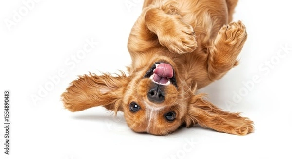 Obraz Dog Rolling Upside Down with Tongue Out on White Background