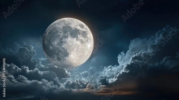 Obraz Majestic Lunar Glow: An ethereal scene of the moon radiating its luminous presence, casting a radiant glow across the tranquil nightscape, with clouds serenely embracing the celestial body.
