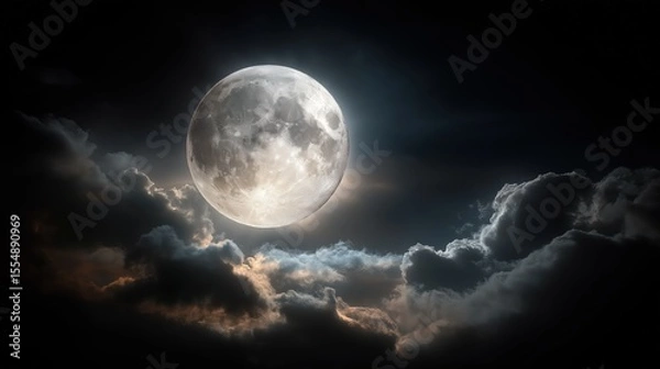 Obraz Lunar Symphony: The moon, a luminous sphere in the night sky, emanates a serene glow amidst the ethereal beauty of clouds. A tranquil depiction of the cosmos that captivates the senses.