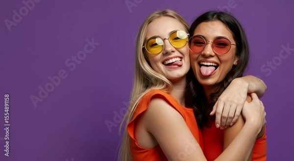 Obraz Two Women Embracing and Sticking Out Tongues with Retro Sunglasses