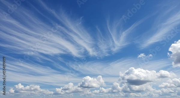 Obraz Sky with Cirrus Clouds and Cumulus Clouds on a Sunny Day