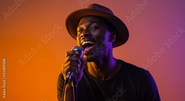Obraz Singing Man Holding Microphone Wearing Hat Performing Live