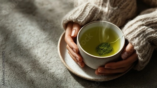 Obraz Serene Moment of Tea: A person's hands gently cradle a warm cup of aromatic tea, the steam curling upwards. A quiet moment of reflection and comfort.