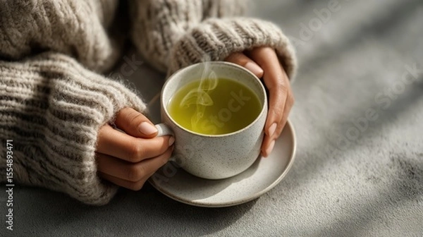 Obraz Cozy Tea Time: A person wrapped in a warm sweater clasps a steaming cup of tea, the aromatic vapor swirling, evoking warmth and contentment, captured in a moment of tranquil serenity.