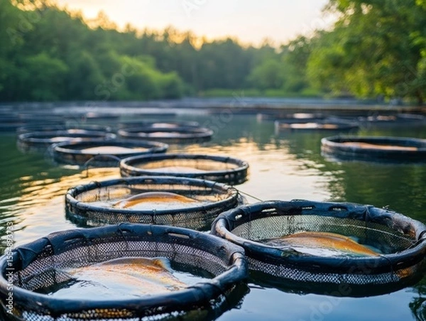 Obraz selective focus aquaculture pens for salmon in bay