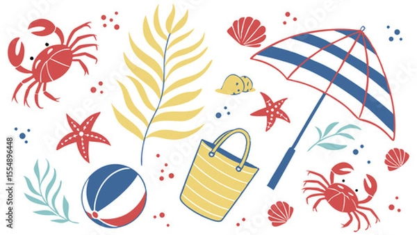 Fototapeta Summer Beach Elements:  Hand-drawn Illustration,  Playful Style,  Vibrant Colors,  Joyful Mood.