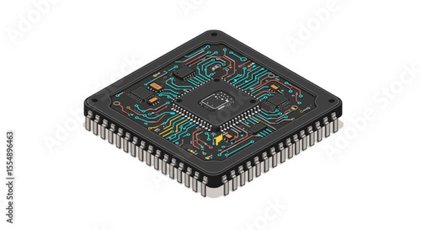 Fototapeta Detailed microchip vector illustration in isometric style for technology design