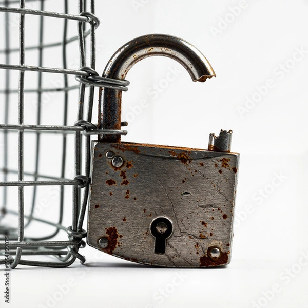 Obraz Broken lock in cage isolated on white background