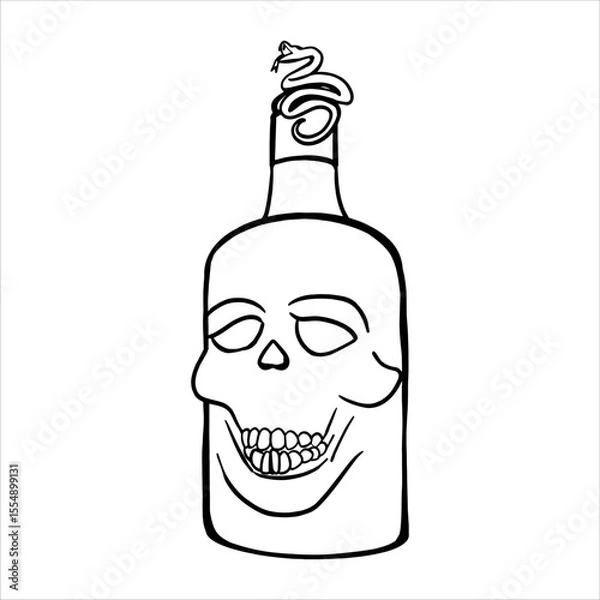Obraz Bottle with drawing skull. A black and white line drawing bottle featuring a snake coiled around the cap. Hand-drawn vector illustration suitable for horror, Halloween, or gothic themes