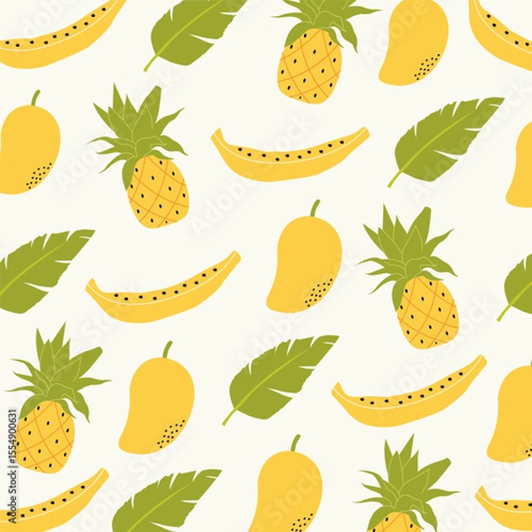 Fototapeta Seamless pattern with hand drawn pineapple, bananas, mango and leaf. Tropical wallpaper for kitchen, packaging, textiles, wrapping paper.	 