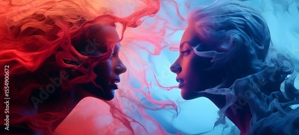 Obraz pop surreal unreal silhouettes spiral towards lady devil vs angel, ai generatif